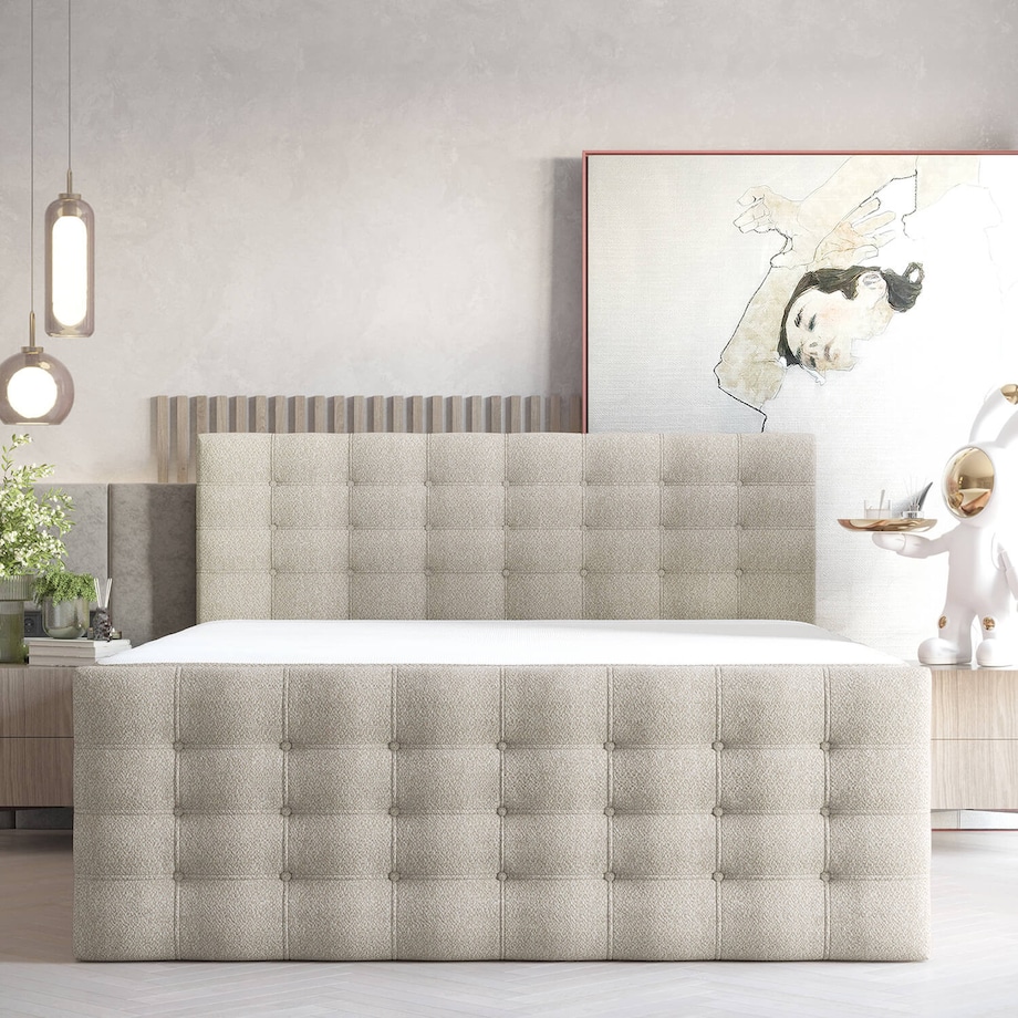 Łóżko kontynentalne STATE 200x200 z pojemnikiem, Jasny Beż, tkanina Grace 11