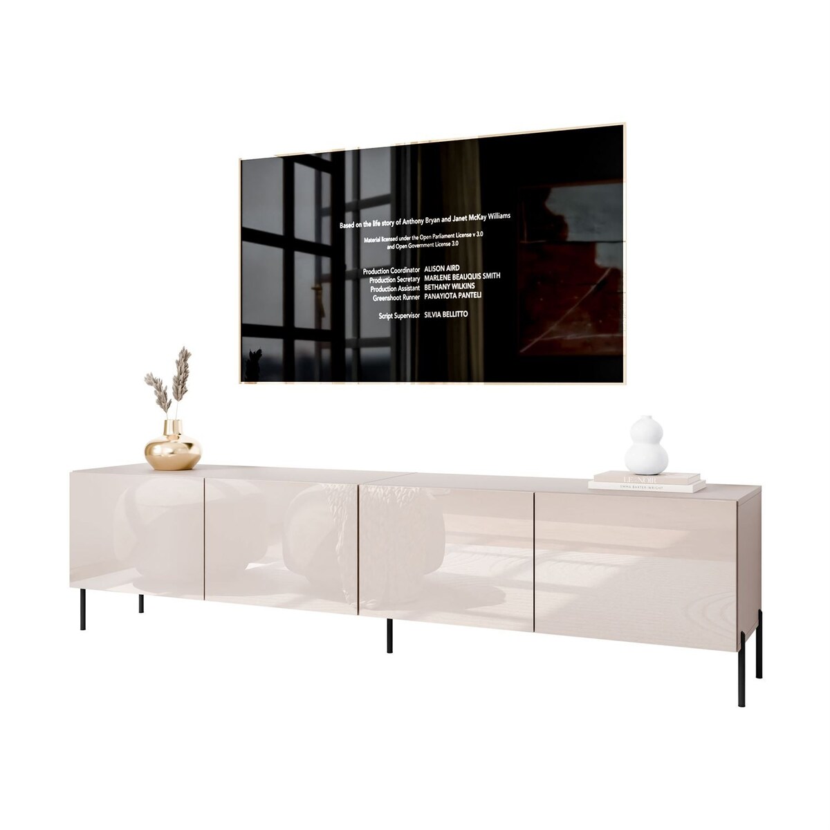 Szafka RTV COLGANTE 200 kaszmir wysoki połysk, oświetlenie LED, nóżki proste czarne