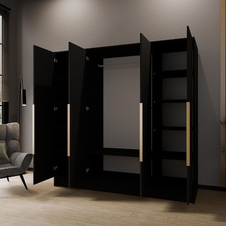 Szafa 200 gładka ORTO bez lustra ze złotymi uchwytami, czarna