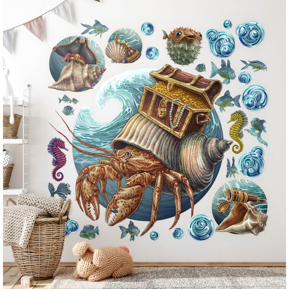 Zestaw naklejek na ścianę, Podwodny świat kraba, 100cm