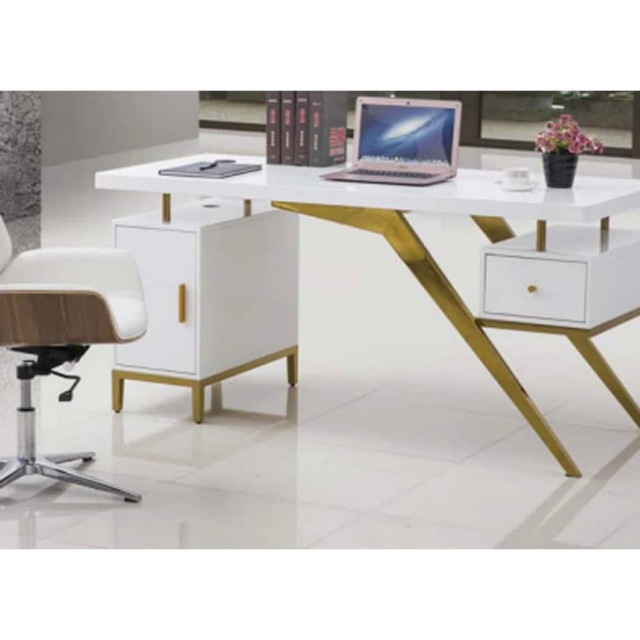 Nowoczesne białe złote biurko ze stali nierdzewnej do gabinetu Prima Premium 160x70x75 LUXURY