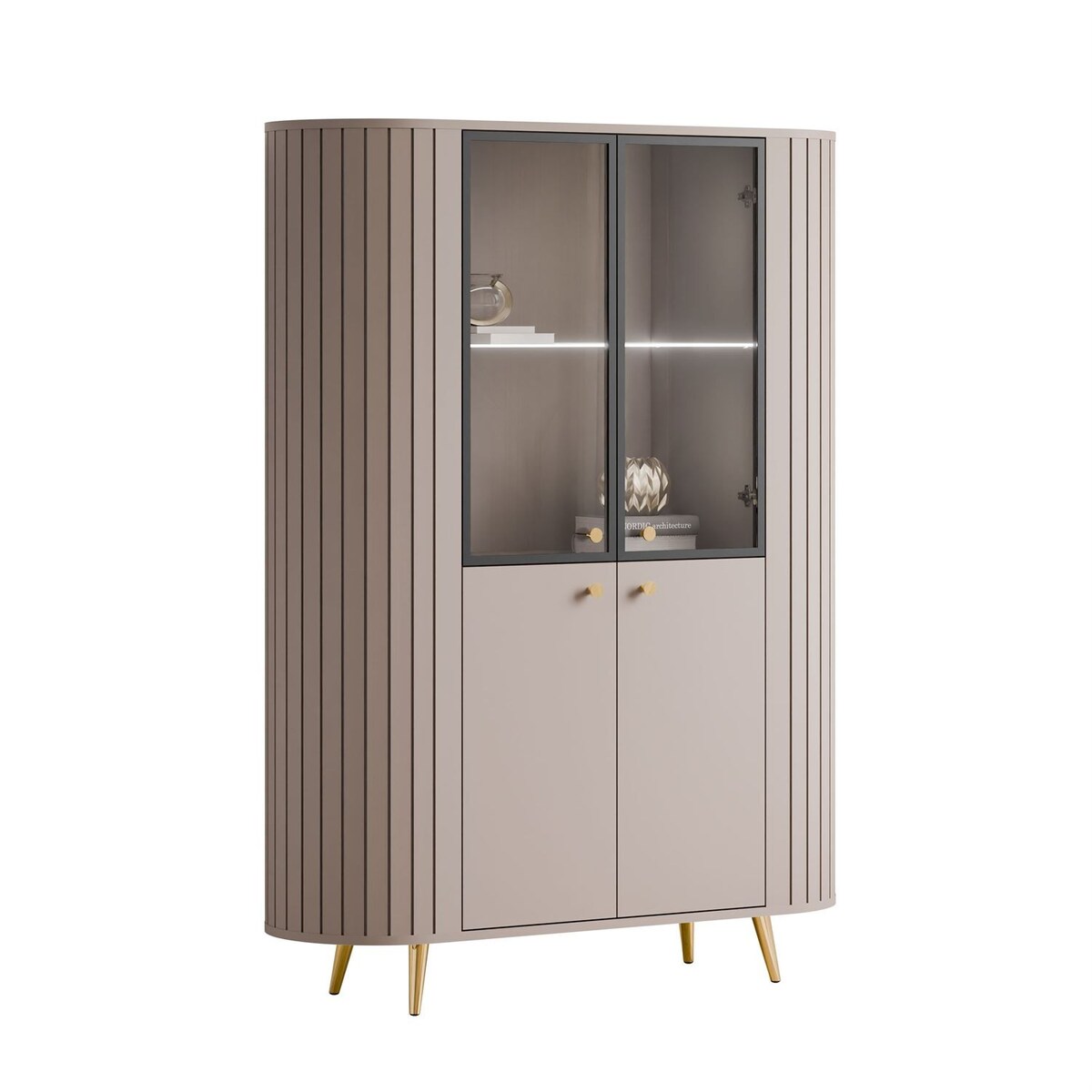 Witryna ELODIE II z oświetleniem LED, kaszmir / nóżki i uchwyty złoty chrom