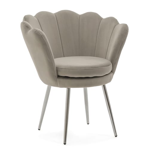 KRZESŁO TAPICEROWANE WELUROWE KOLOR SZARY SHELL NOGI CHROME STYL GLAMOUR