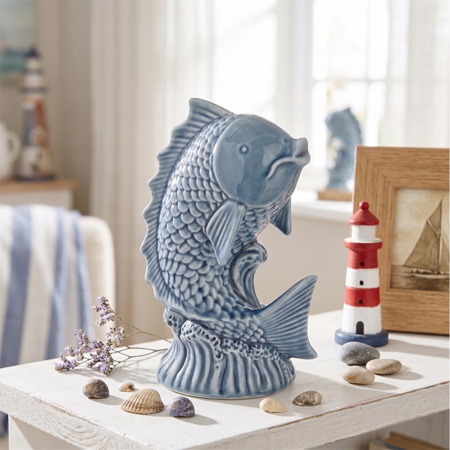 FIGURKA RYBA MARYNISTYKA RAFA KORALOWA CERAMICZNA NIEBIESKA OZDOBA BIAŁA