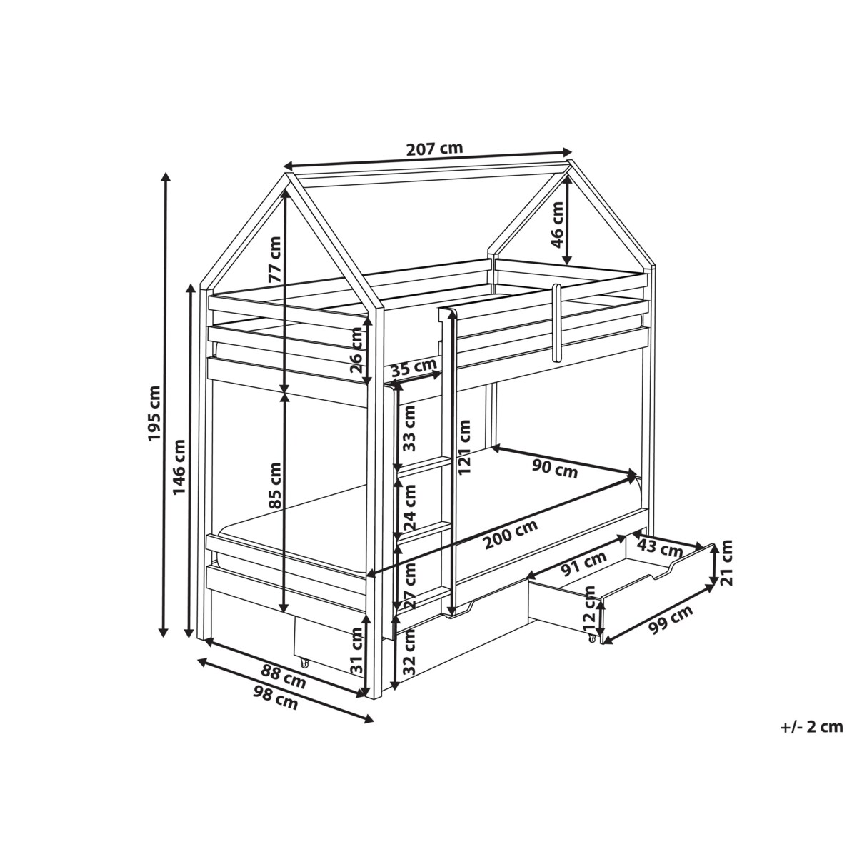 Łóżko piętrowe z szufladami Domek Drewno sosnowe TERNAS 90 x 200 cm ze schowkiem Biały
