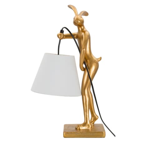 Lampa stołowa Rabbit Stand, kolor złoty i biały, żywica syntetyczna, żelazo i tkanina, 26 x 16 x 47 cm, max. 40 W, motyw: królik, Mauro Ferretti