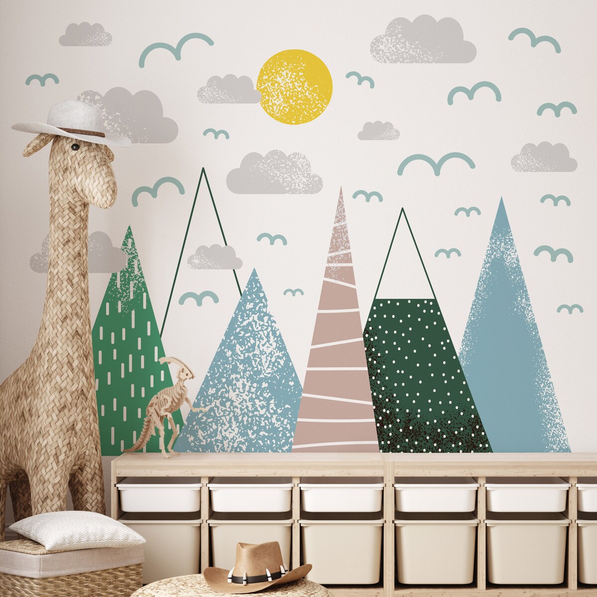 NAKLEJKI NA ŚCIANĘ DLA DZIECI ZIELONE GÓRY CHMURKI SŁOŃCE PTAKI ZESTAW