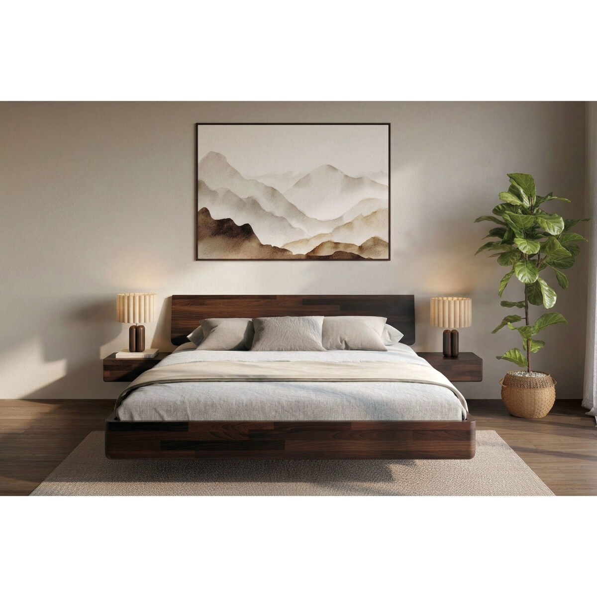 Łóżko lewitujące drewniane bukowe Visby LENA z szafkami / 160x200 cm, kolor palisander