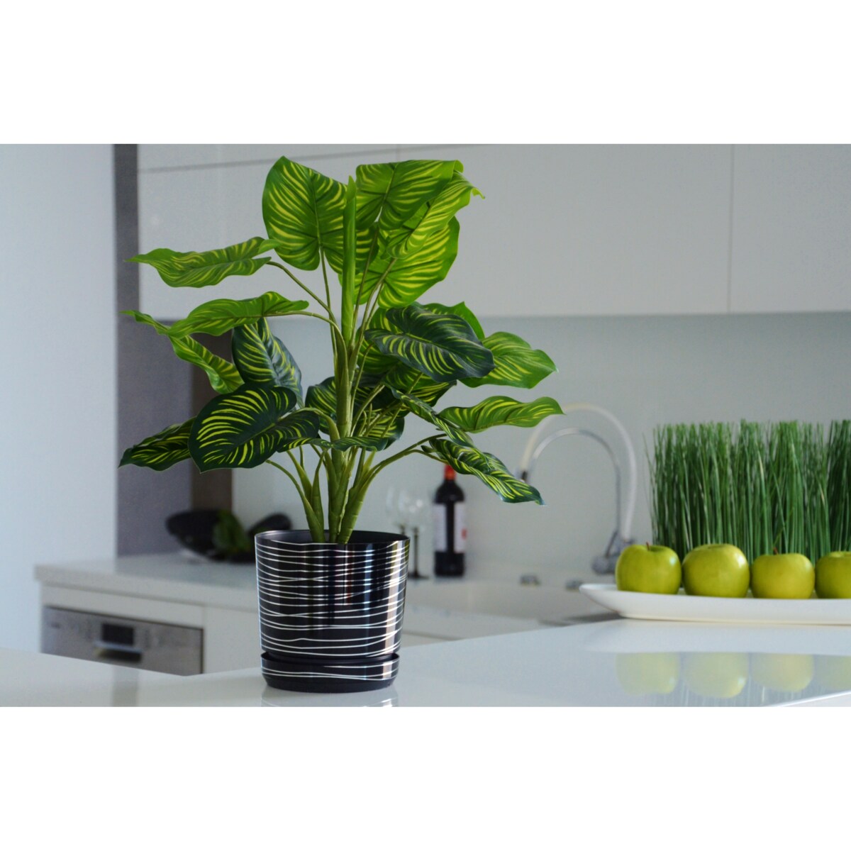 32 cm wzór CZARNA ZE SREBRNĄ NITKĄ Doniczka z podstawką glamour lustrzane srebrne paski połysk duża donica