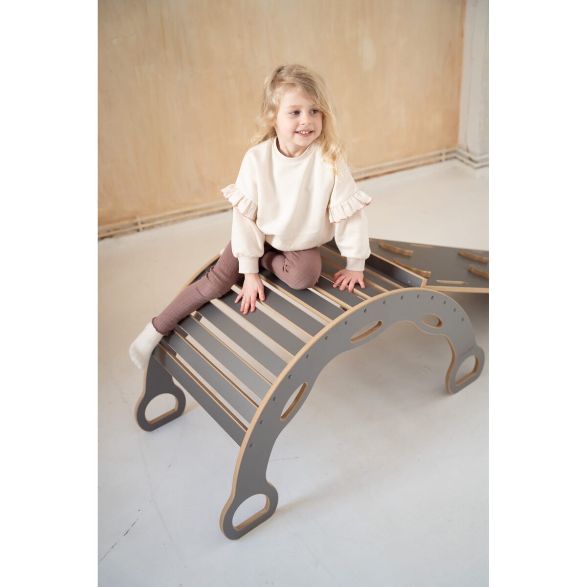 DUŻY bujak montessori z uchwytami + DUŻA zjeżdżalnia DRABINKA - szary