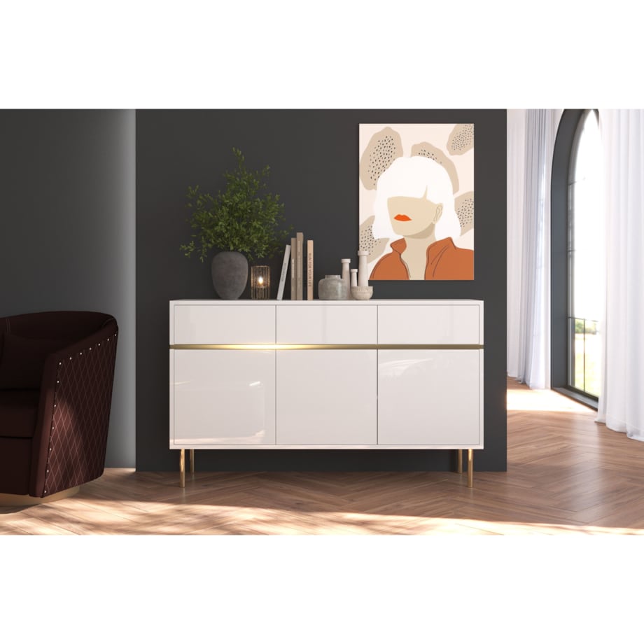 Elegancka biała komoda Dancan MARIKA ze złotymi dodatkami