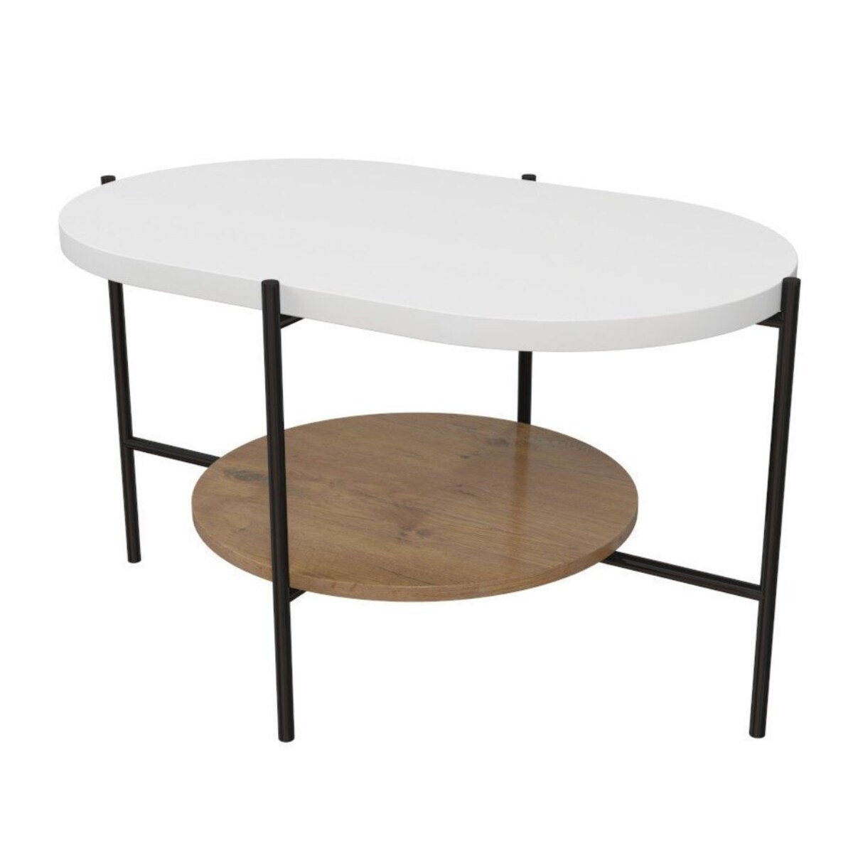 Nowoczesny stolik kawowy Dancan ARENA / czarna podstawa + biały i dębowy blat