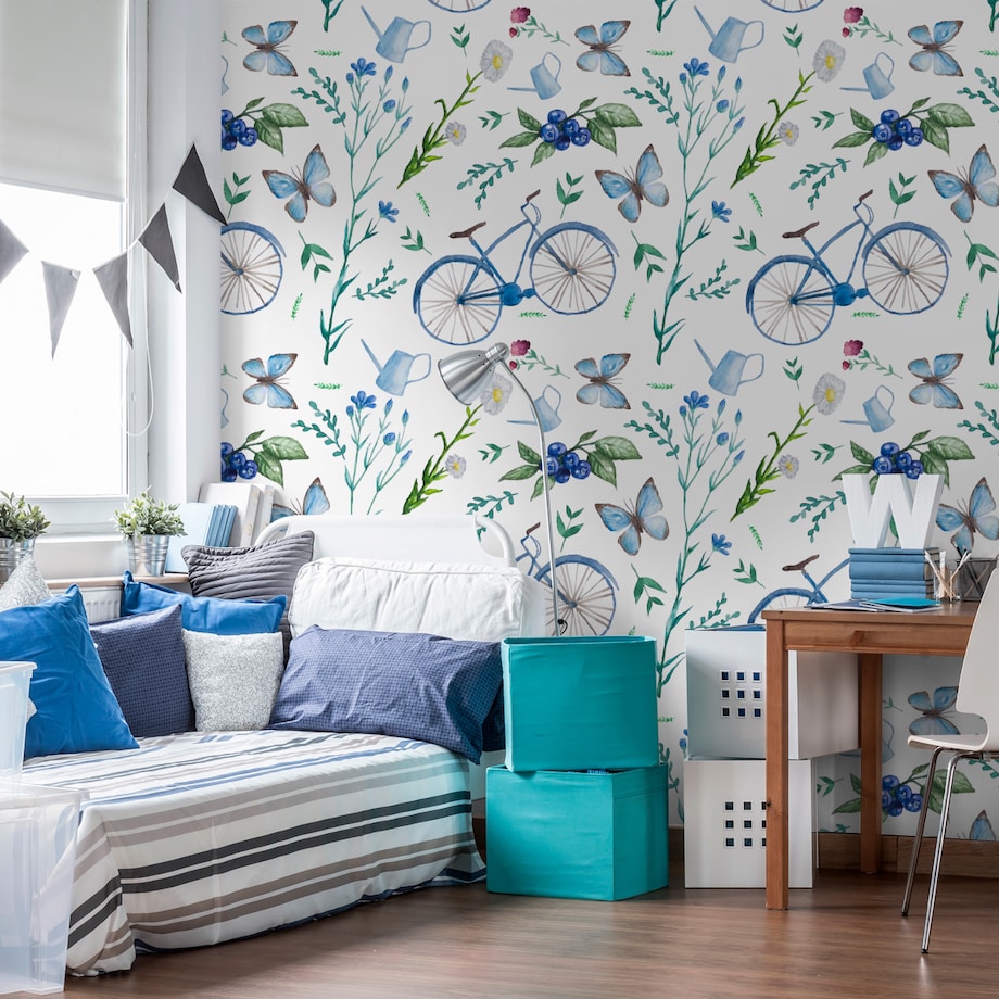 Tapeta młodzieżowa rowery kwiaty owoce motyle