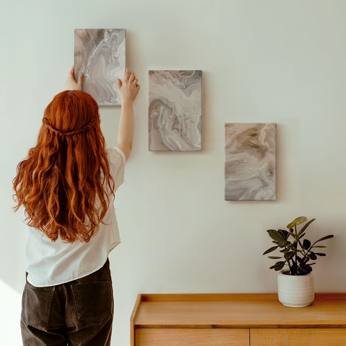 Zestaw 3 małych obrazów na płótnie - Kamień abstrakcyjny marmur - brązowy