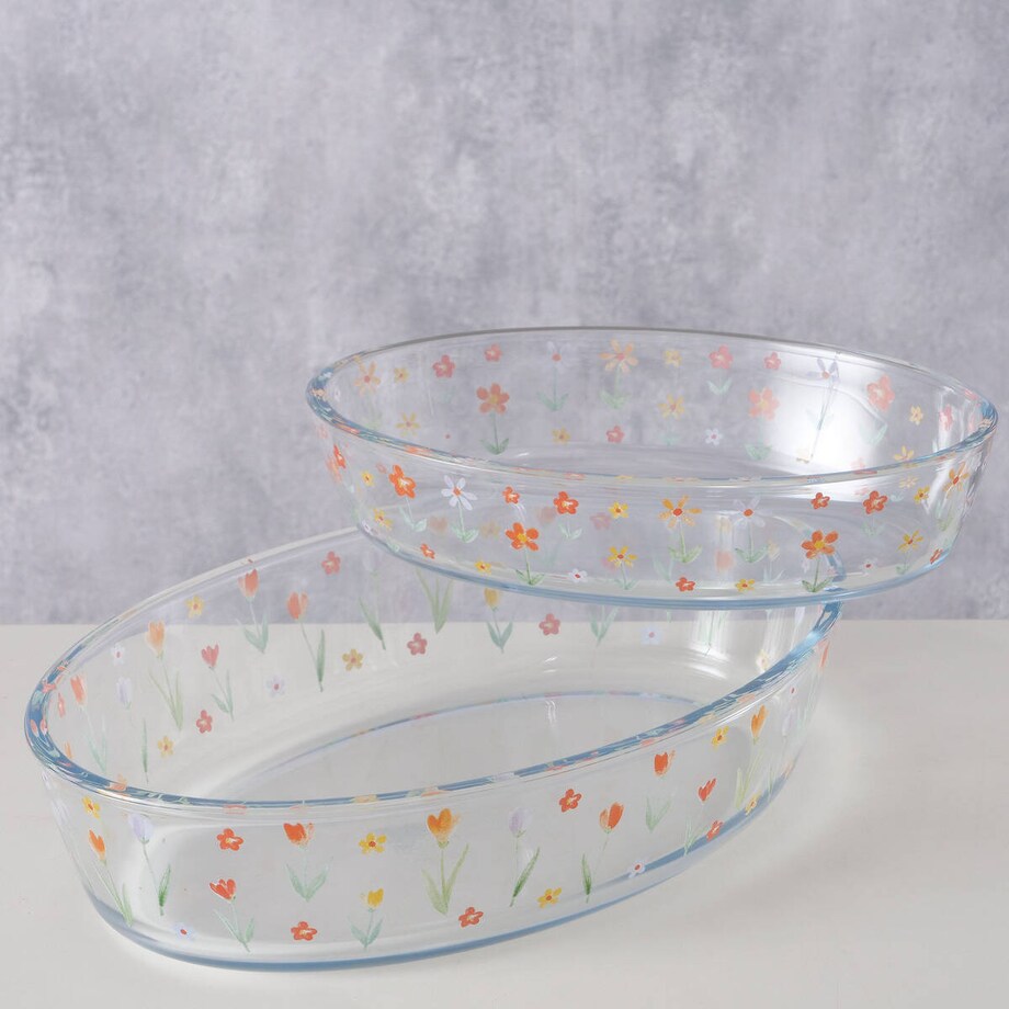 Naczynia żaroodporne ze szkła BLÜMI, wzór w kwiatki, 2 sztuki