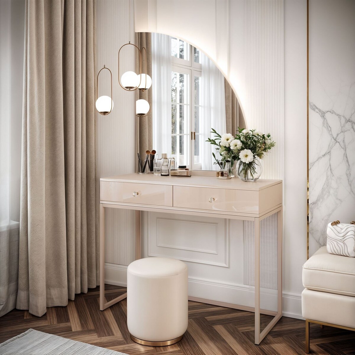 Toaletka kosmetyczna QUINNIE KASZMIR z lustrem LED, złoty chrom, prawa, uchwyt biały kryształ