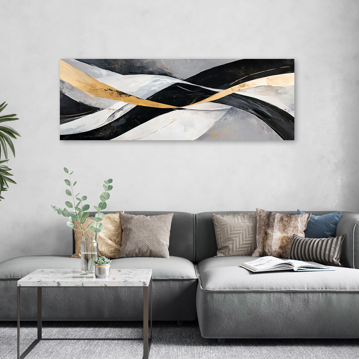 Feeby Obraz na płótnie, Abstrakcja Fale Złoty Czarny Glamour 120x40