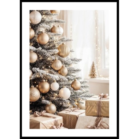 Poster Story, Plakat, Obraz - Choinka i Prezenty w Odcieniach Złota, wymiary 70 x 100 cm