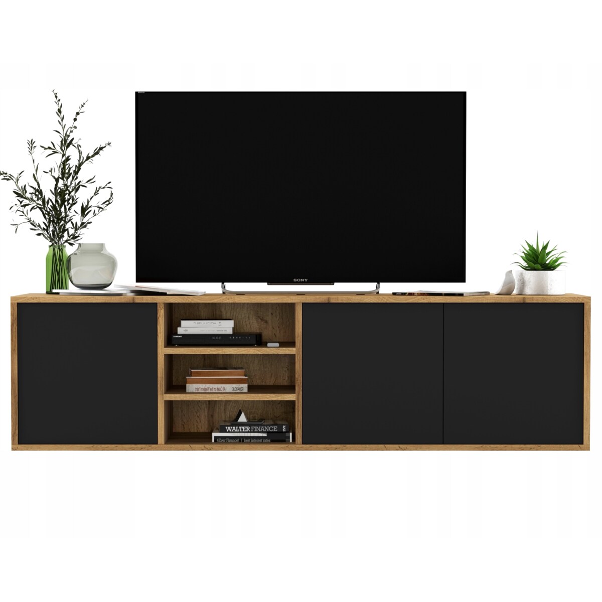 Wisząca Szafka RTV Komoda Industrialna Dąb Wotan Czarny MAT 150 cm