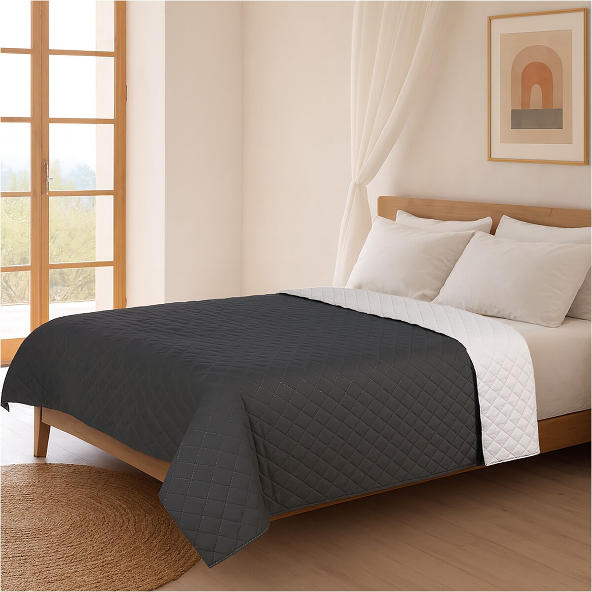 Narzuta Na Łóżko Kanapę Na Plażę Pikowana 220X240 Cm Biało-Czarna