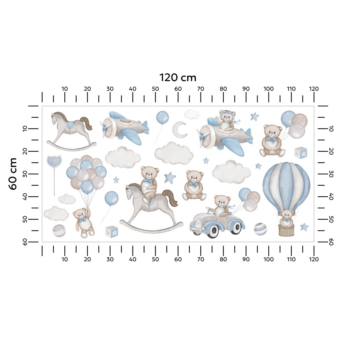Naklejki Na Ścianę Dla Dzieci Misie Balony Chmurki Koń Na Biegunach Zestaw 120x60cm