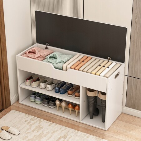 Szafka na buty z siedziskiem drewniana schowek 3 półki otwierana biała 80cm