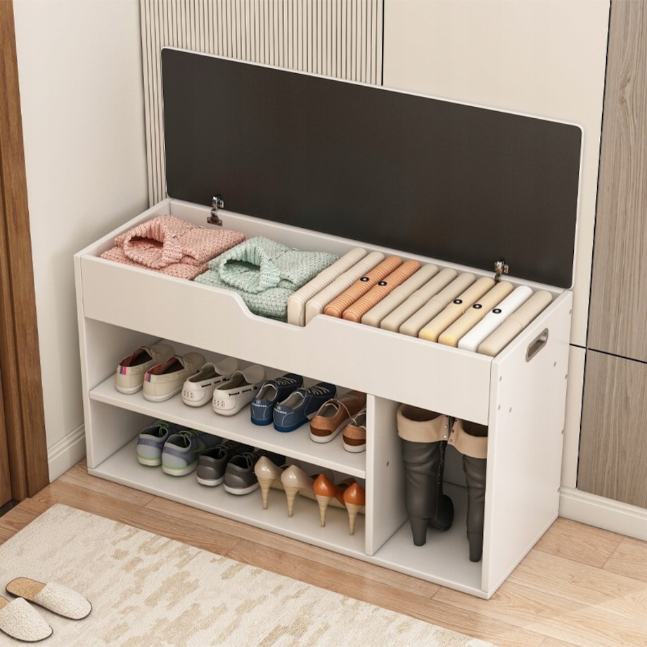 Szafka na buty z siedziskiem drewniana schowek 3 półki otwierana biała 80cm