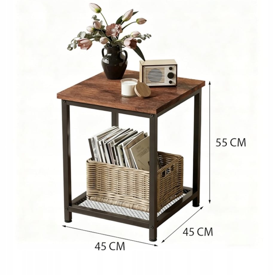 STOLIK KAWOWY KWADRATOWY POMOCNICZY BOCZNY Z PÓŁKĄ RETRO VINTAGE LOFT 55 CM