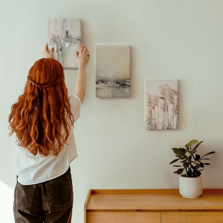 Zestaw 3 małych obrazów na płótnie - Roślinność abstrakcyjne wzory - beżowy