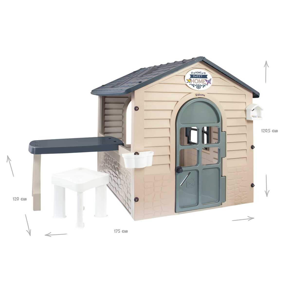Domek ogrodowy dla dzieci ze stolikiem + zjeżdzalnia XXL do zabawy w ogrodzie zestaw beżowy