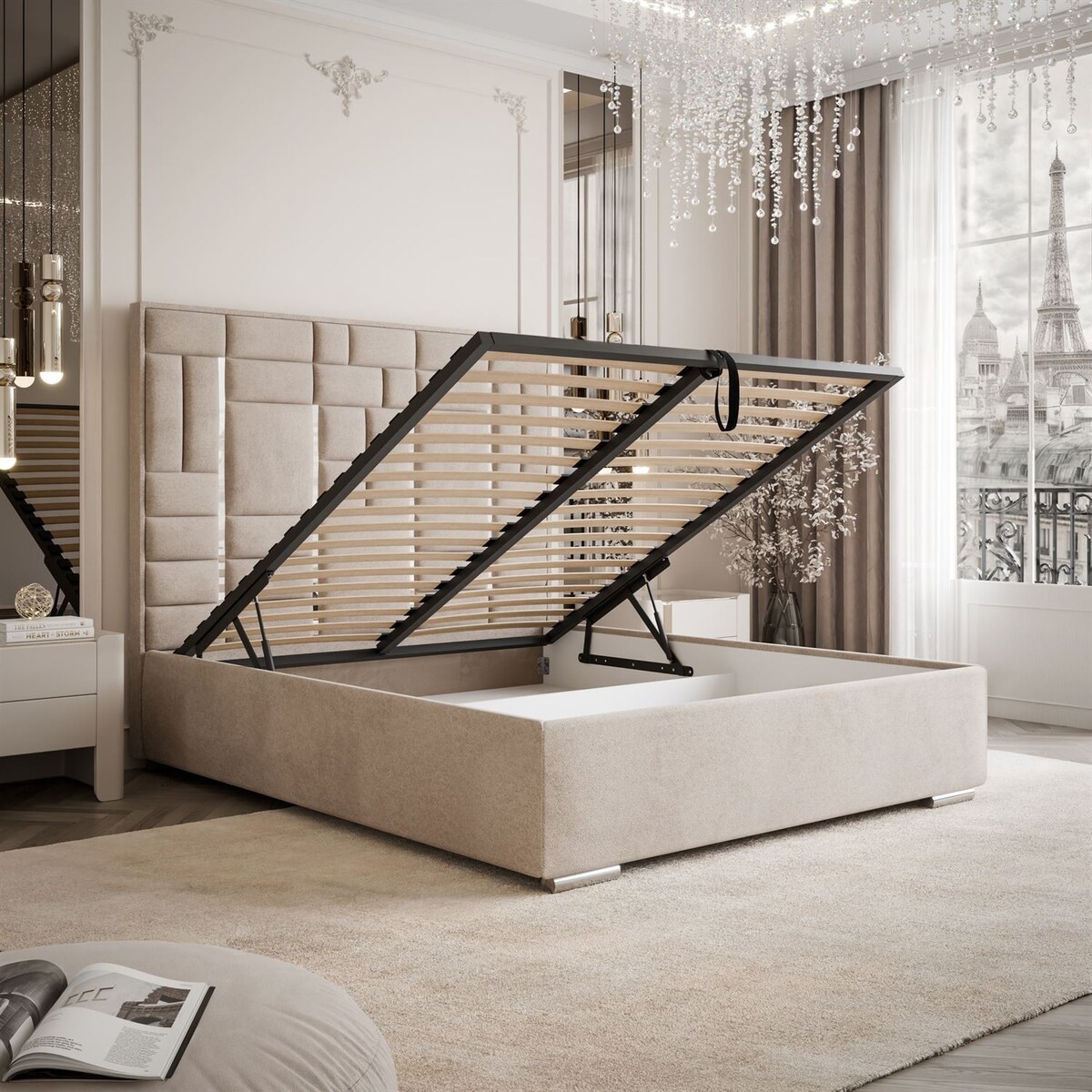 Łóżko tapicerowane BRIGITTE SILVER, pojemnik na pościel, s34, 140x200, Element 17