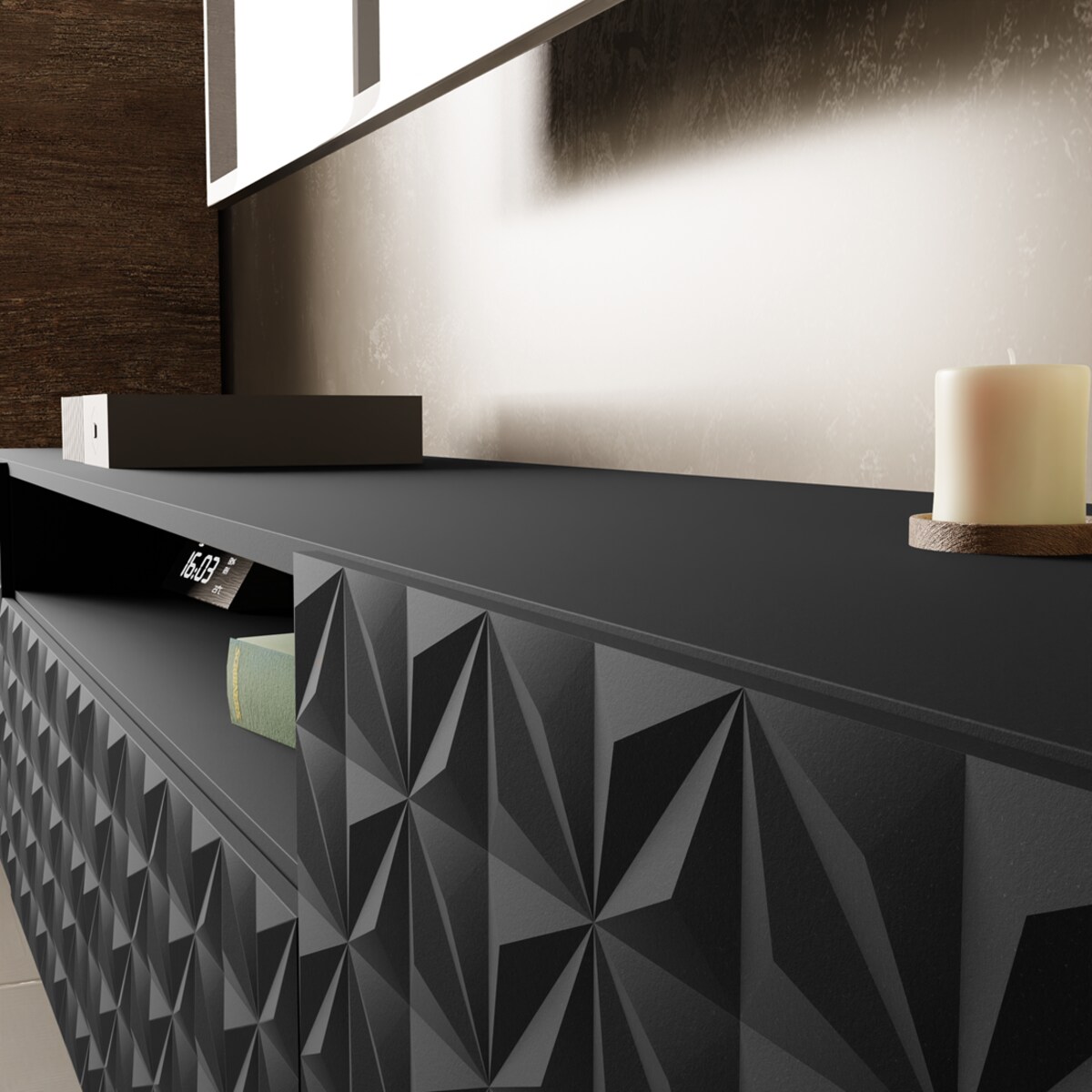 Szafka RTV ALI 200 cm, wisząca, z ozdobnymi frontami, pod telewizor- czarna