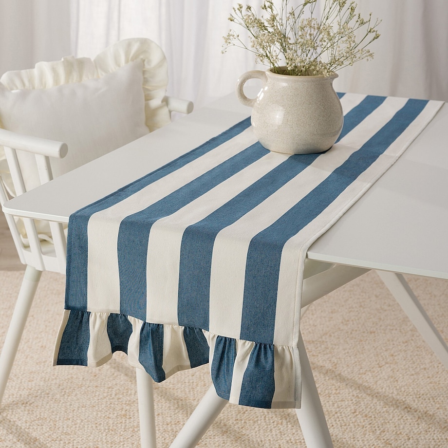 Bieżnik z falbaną 40x160 cm 40x160 niebiesko-białe pionowe pasy (5,5cm)