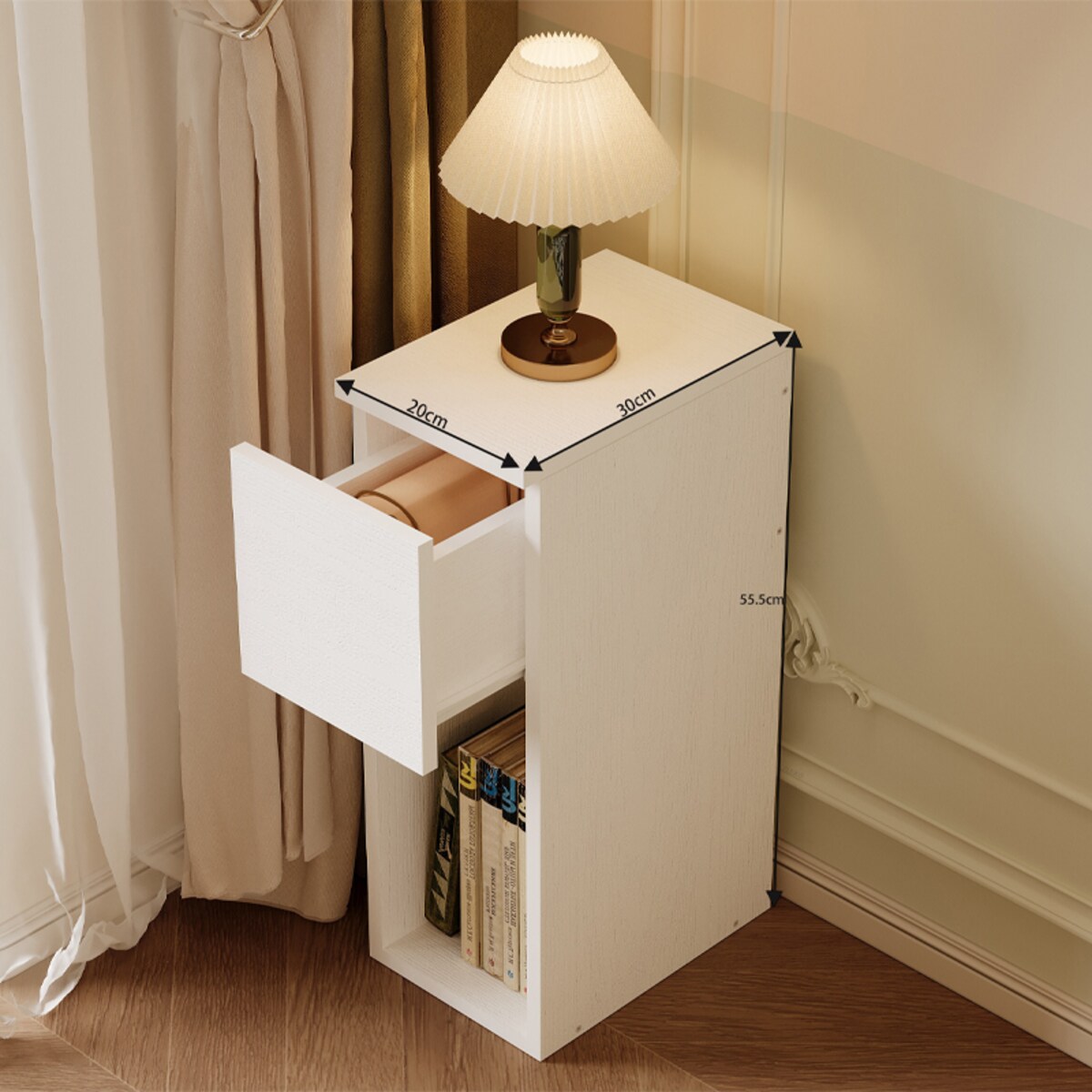 Szafka nocna biała z szufladą stolik z półką nowoczesny sypialni 55 cm