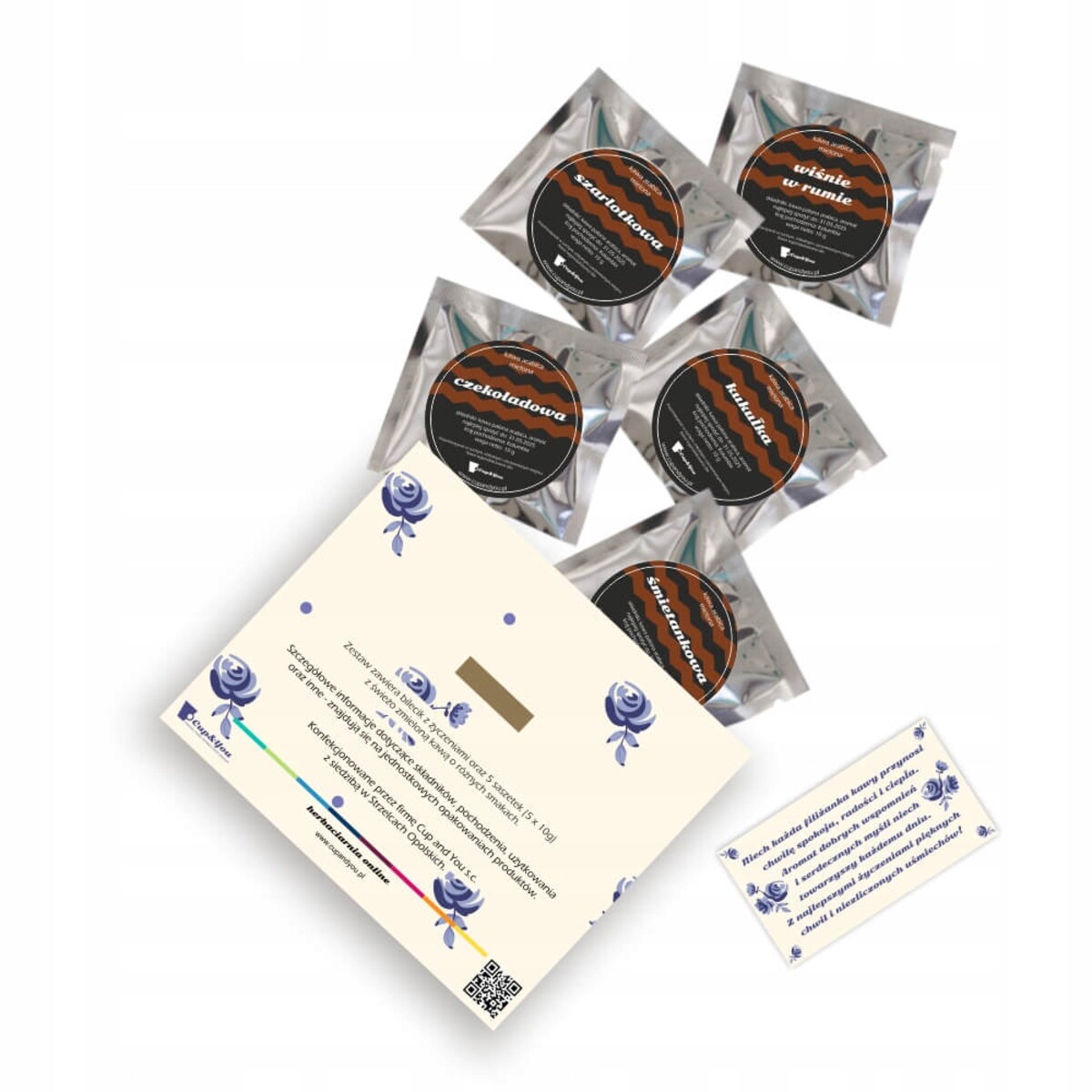 MAŁY ZESTAW PREZENTOWY BOX DLA BABCI 5 SMAKÓW KAW MIELONYCH W SASZETKACH PO 10 GRAM - PREZENT UPOMINEK NA DZIEŃ BABCI 60 70 80 90 100 URODZINY