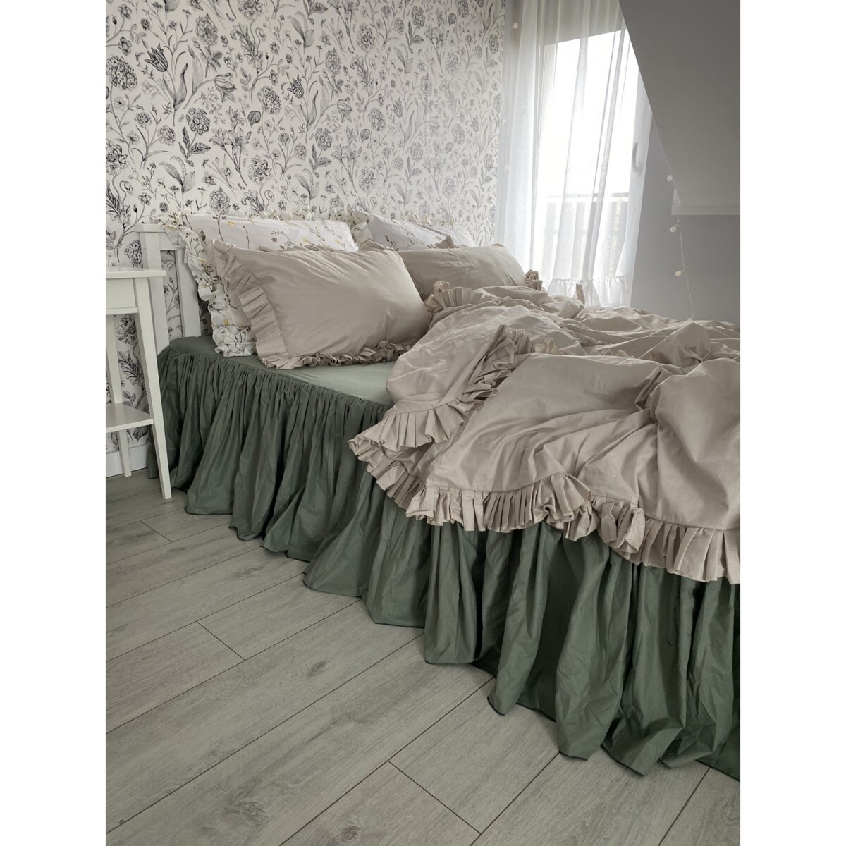 Prześcieradło Na Łóżko Bawełniane Z Ozdobną Falbanką 200X200 Cm Boho Zieleń