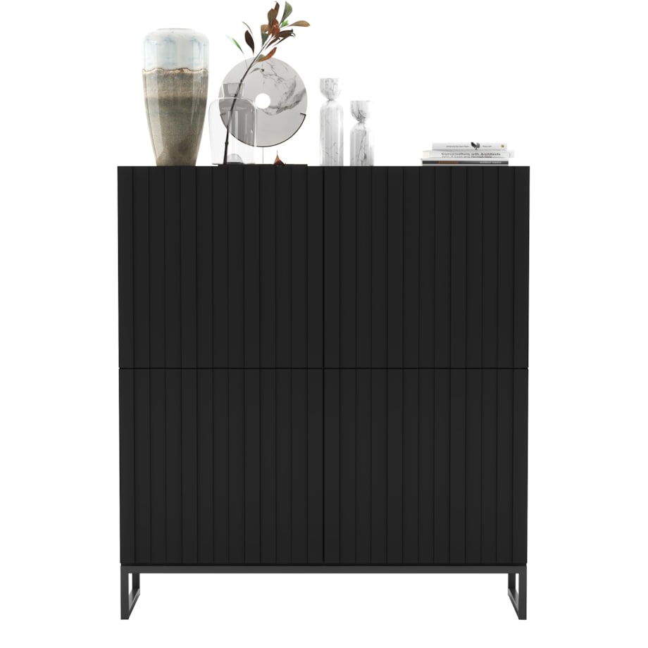 Komoda RTV Glamour Czarny MAT 112 cm Szafka RTV Nowoczesna Czarna Rama Loft Ryflowane fronty