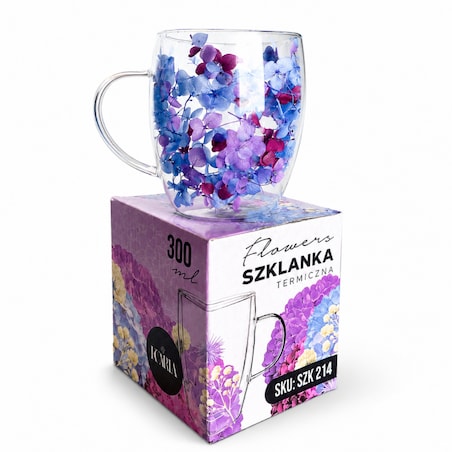 Szklanka termiczna z kwiatami w środku 300ml 1szt, pełna hortensji, niebieski bordo SZK214