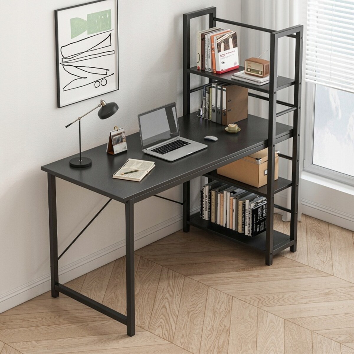 Biurko komputerowe stolik loft czarne industrialne z regałem półkami 120 cm