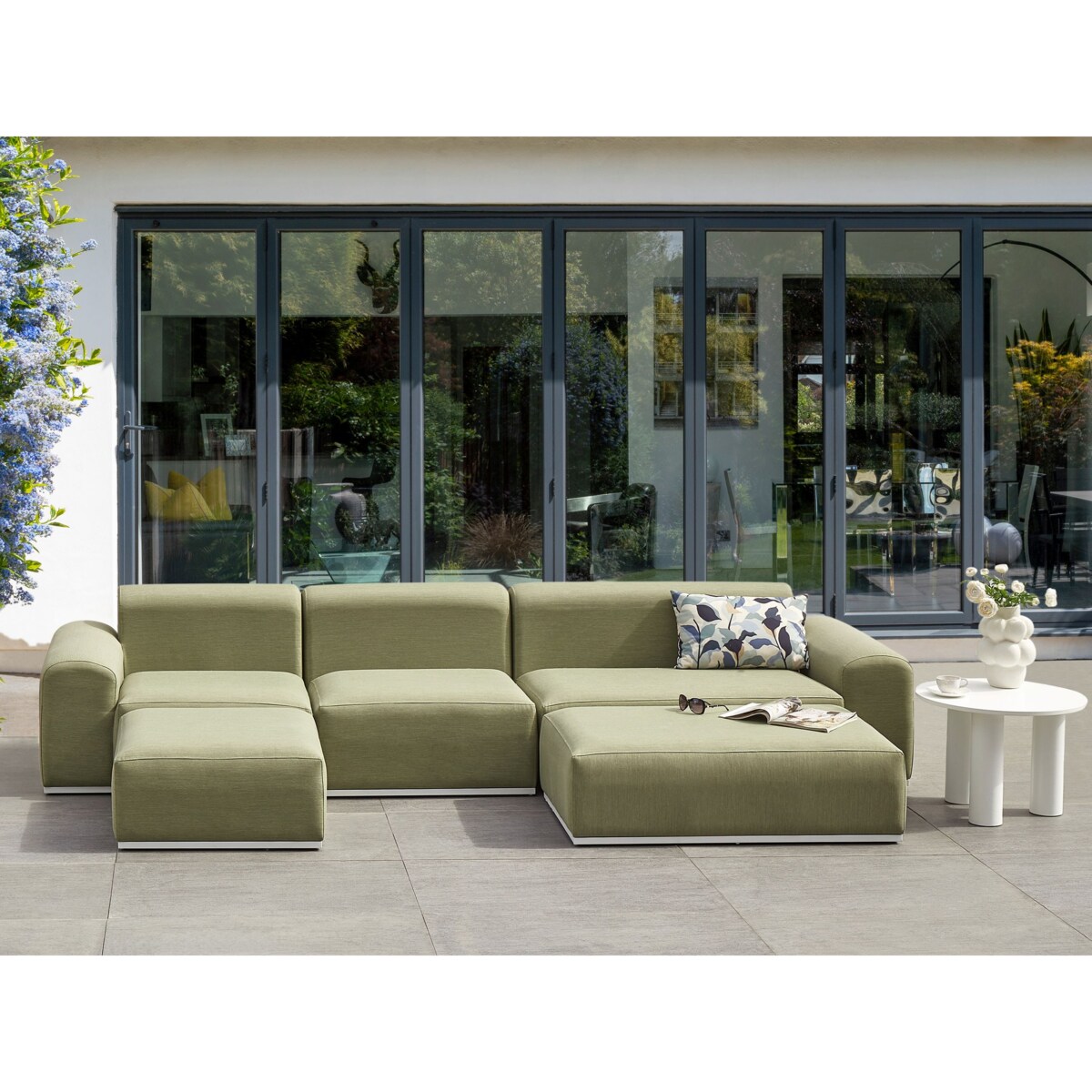 Sofa ogrodowa z otomaną dla 7 osób BATTIFOLLO Oliwkowy Modułowy