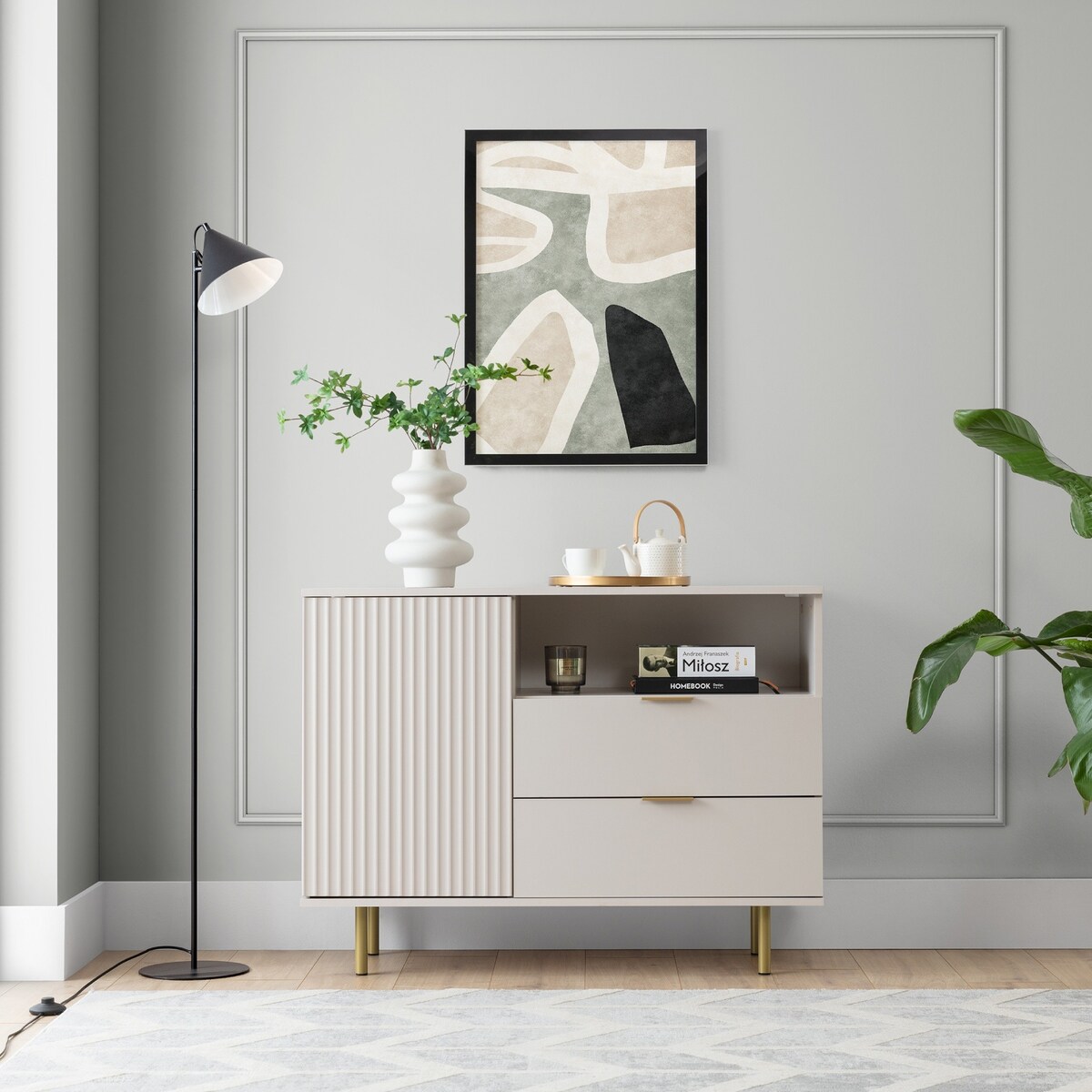 Komoda jednodrzwiowa z szufladami ryflowana beżowa/złote nóżki Molly