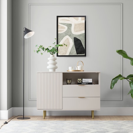 Komoda jednodrzwiowa z szufladami ryflowana beżowa/złote nóżki Molly