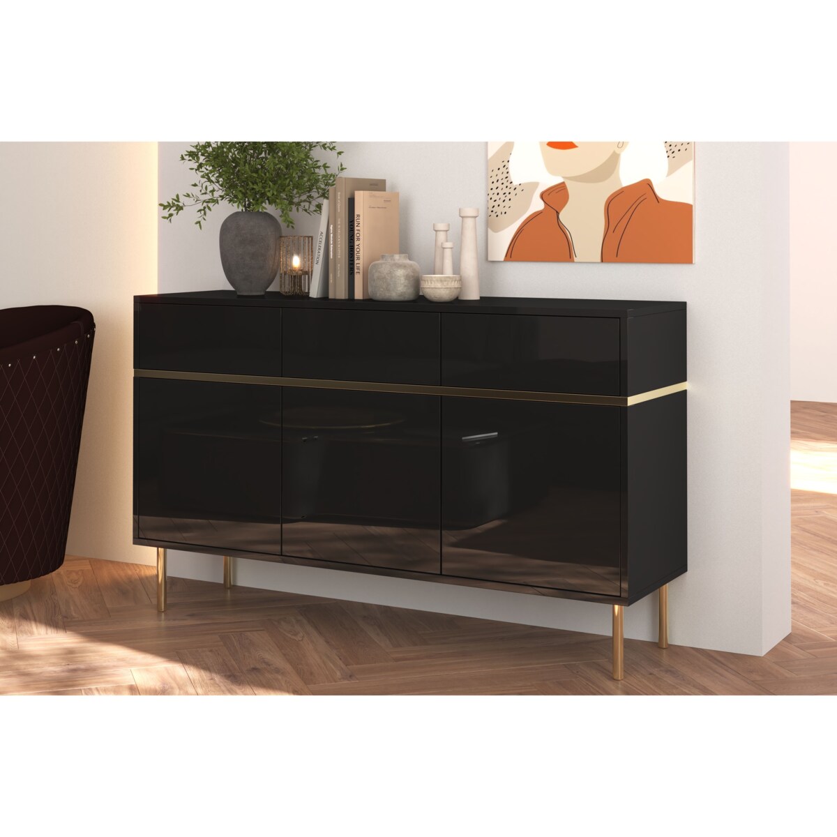 Elegancka czarna komoda Dancan MARIKA ze złotymi dodatkami