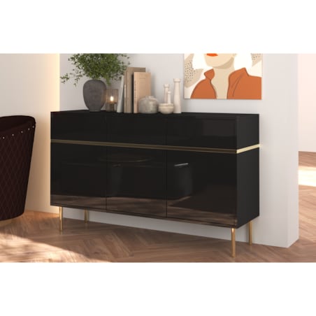 Elegancka czarna komoda Dancan MARIKA ze złotymi dodatkami