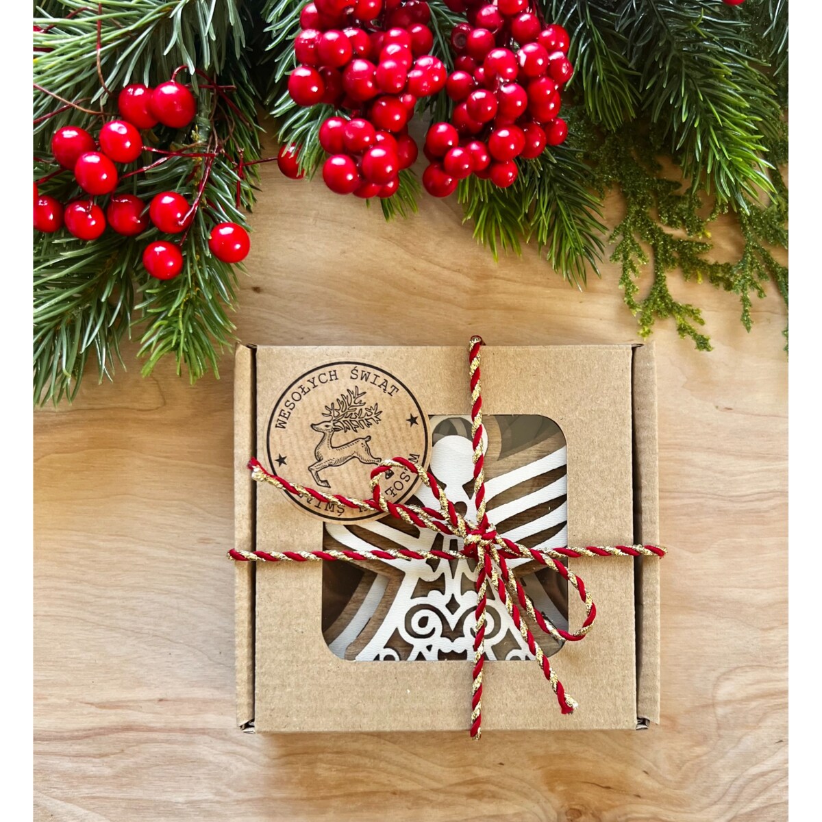 Zawieszki choinkowe ANIOŁY zestaw 3 sztuk OZDOBNE opakowanie prezent białe/dąb