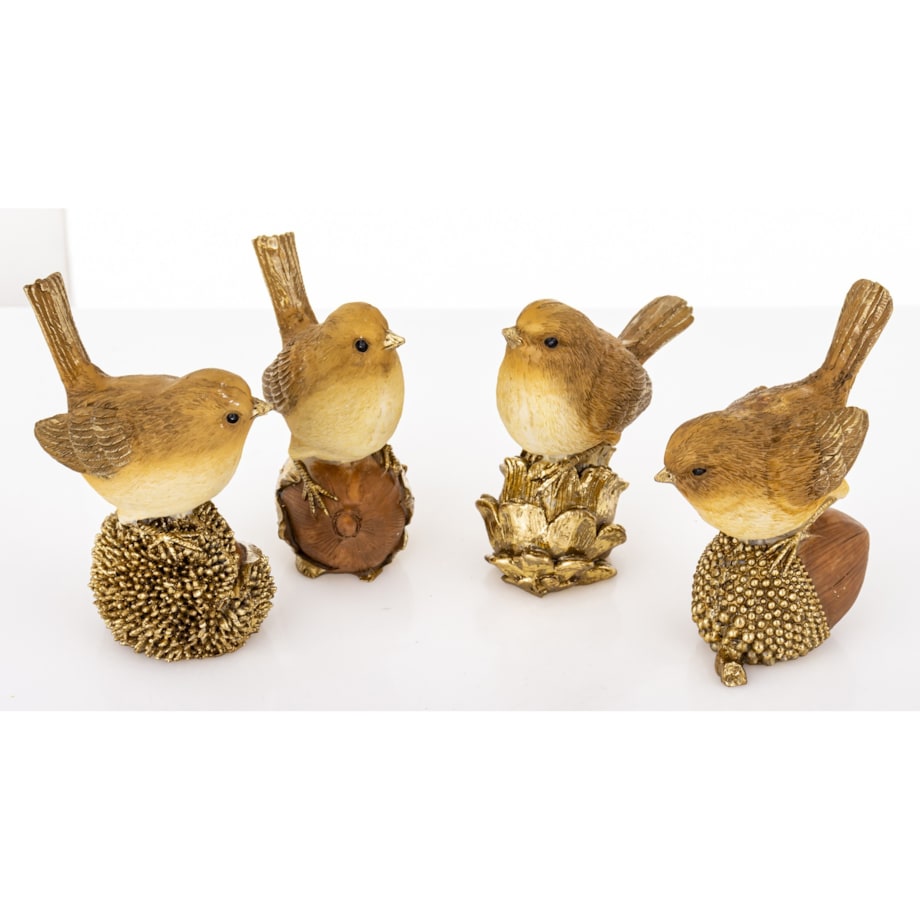 Figurki 4 ptaszków siedzących na szyszce, kasztanie, orzechu i żołędziu 7,5x6,5x4 cm
