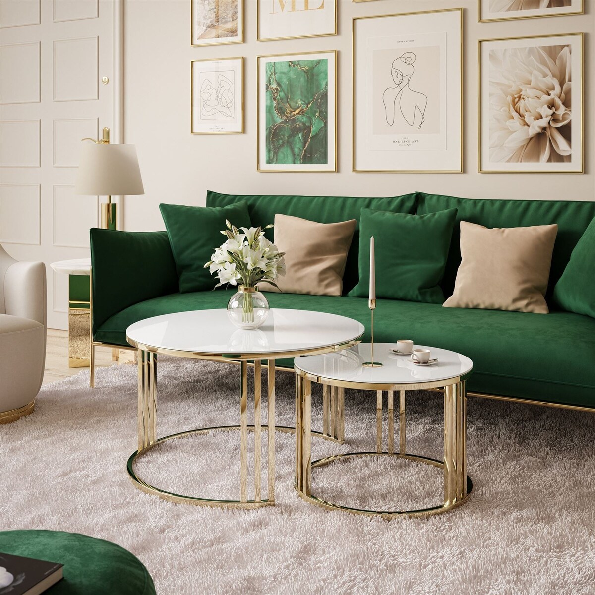 Stolik LORI 2w1 złoty chrom białe szkło