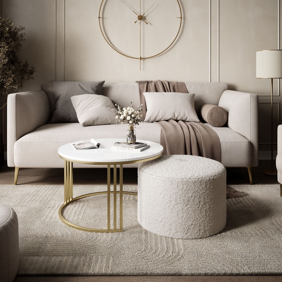 Stolik kawowy z pufą LORI POŁYSK złoto szczotkowane, biały / Coral 65