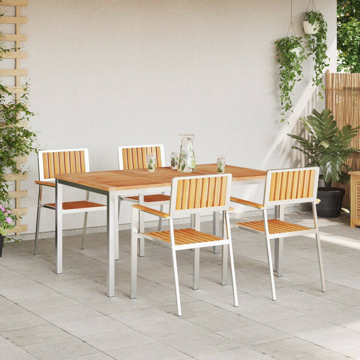 Zestaw do jadalni vidaXL 5 częściowy z litego drewna tekowego, Stół do jadalni na zewnątrz vidaXL 150x90x75 cm z litego drewna tekowego, Zestaw krzeseł ogrodowych vidaXL 4 sztuki z litego drewna tekowego i metalu