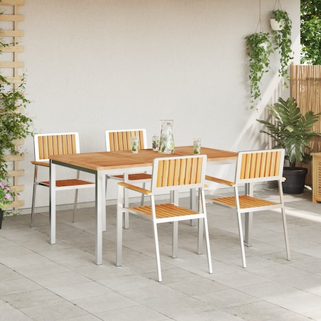 Zestaw do jadalni vidaXL 5 częściowy z litego drewna tekowego, Stół do jadalni na zewnątrz vidaXL 150x90x75 cm z litego drewna tekowego, Zestaw krzeseł ogrodowych vidaXL 4 sztuki z litego drewna tekowego i metalu